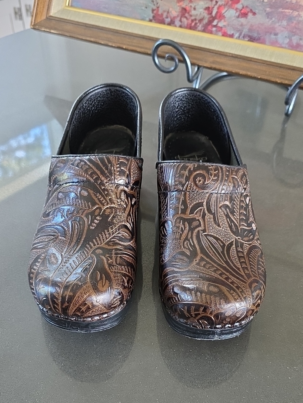 Dansko Brown Embossed Floral Leather Clogs